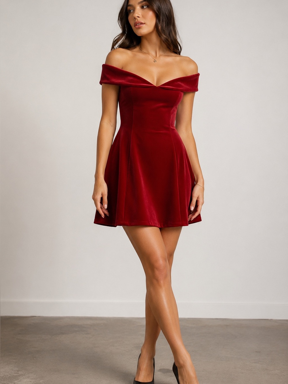 Cider Red Velvet Off-Shoulder Mini Dress